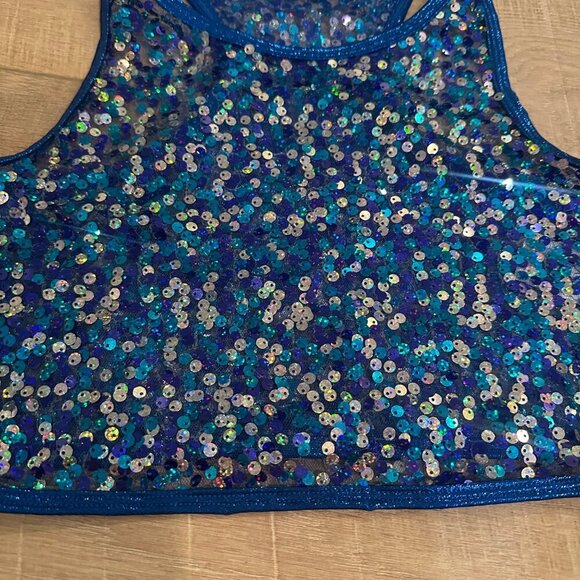 Blue Sequin Racerback Crop Top Dancewear By Curtain Call ADULT SMALL E2068 - Picture 2 of 9